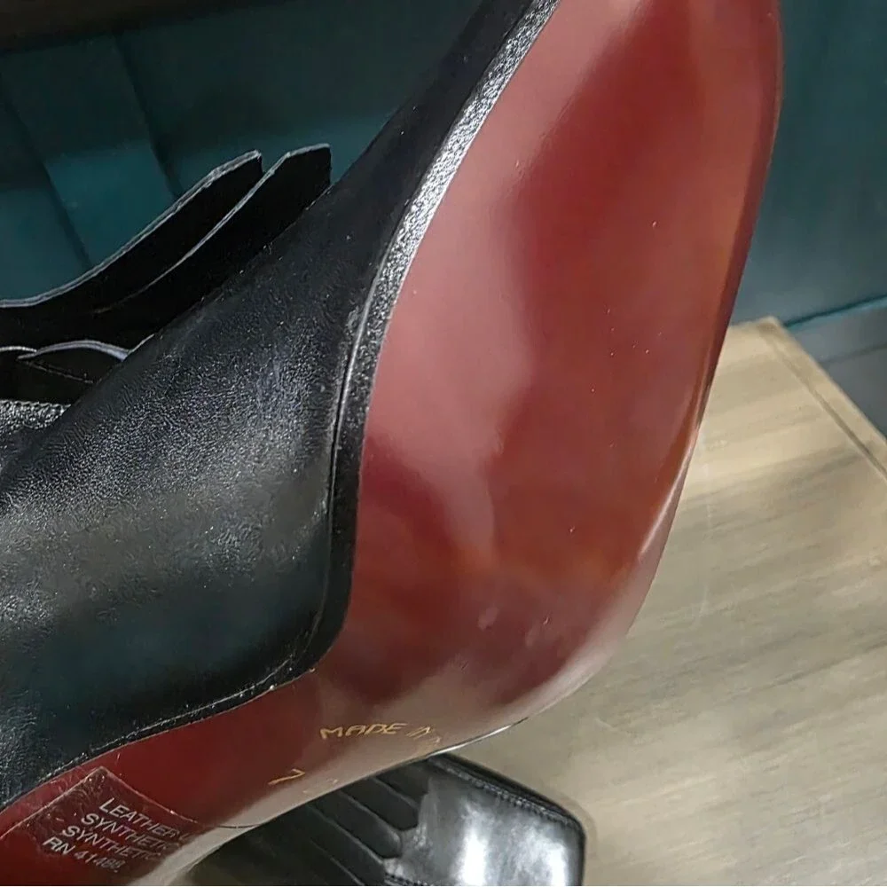 Black Leather Fringe Pilgrim Edwardian Blade Heel Ankle Bootie Sz 7B Made Italy